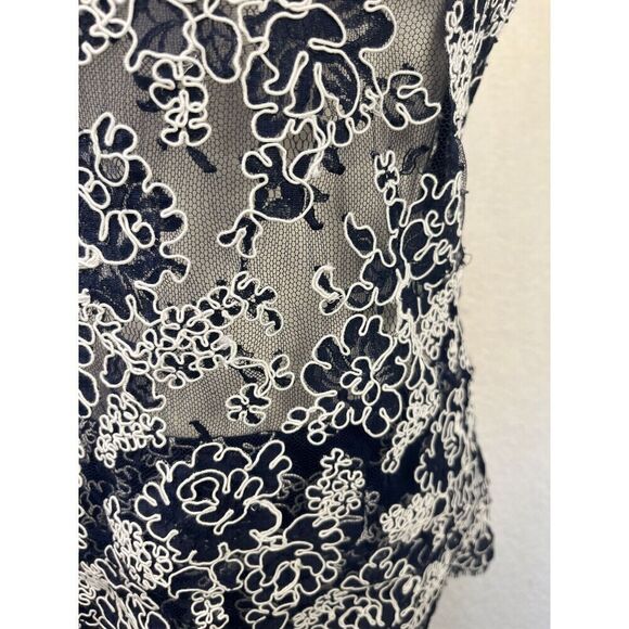 ML Monique Lhuillier Navy Floral Lace Sheath Midi Skirt Sheer V Neck Top Size 10 - Picture 4 of 13